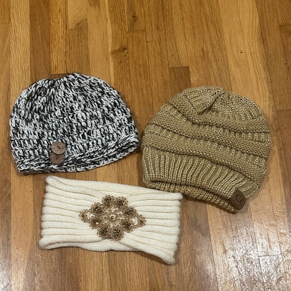 C.C Accessories - *last chance* C.C | Tan Knit Beanie with Metallic Accents + 2 winter hats